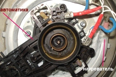 Автоматика и нагревательный элемент дискового электрочайника